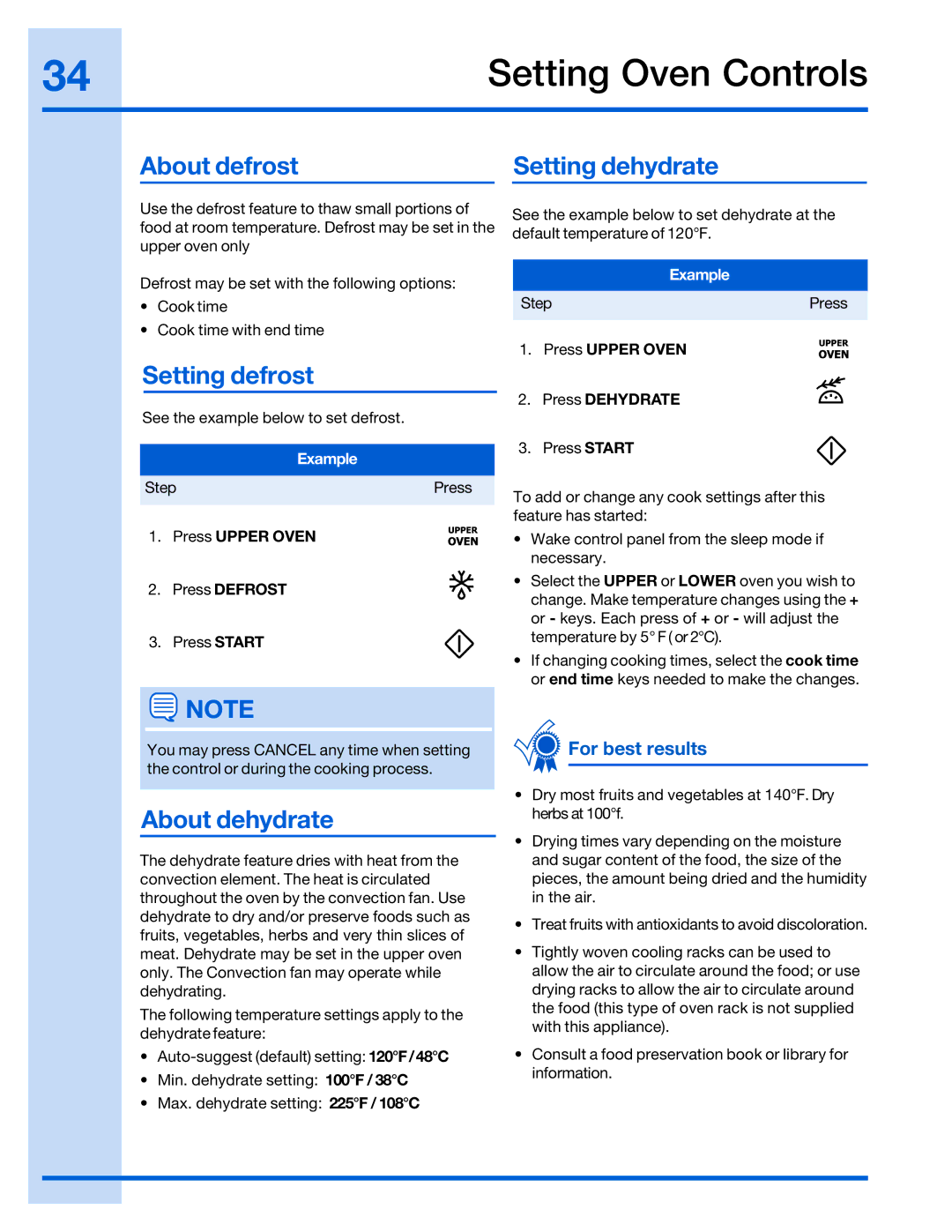 Electrolux 316520002 manual About defrost, Setting defrost, About dehydrate, Setting dehydrate 