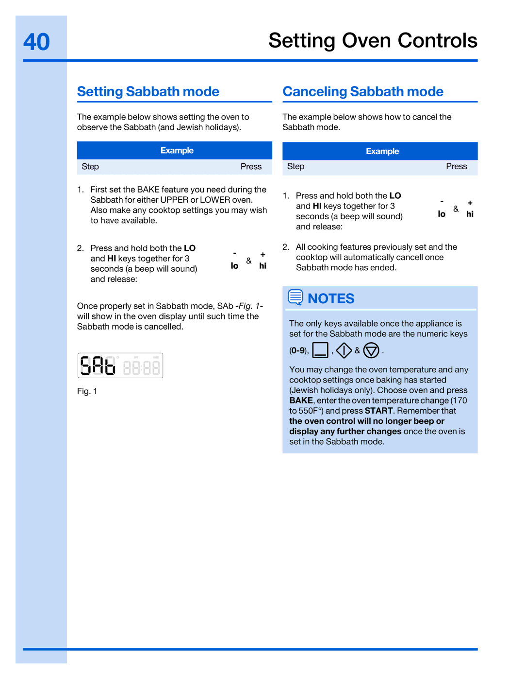 Electrolux 316520002 manual Setting Sabbath mode, Canceling Sabbath mode 