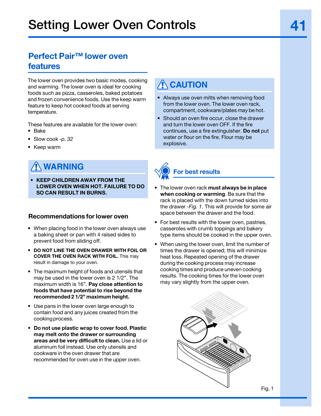 Electrolux 316520002 manual Setting Lower Oven Controls, Recommendations for lower oven 