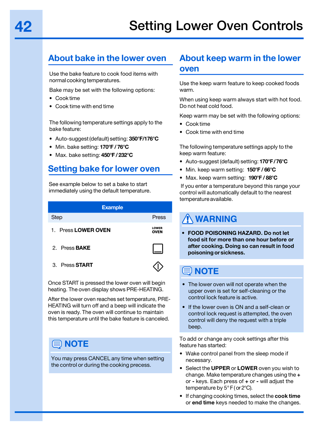 Electrolux 316520002 manual About bake in the lower oven, Setting bake for lower oven, About keep warm in the lower oven 