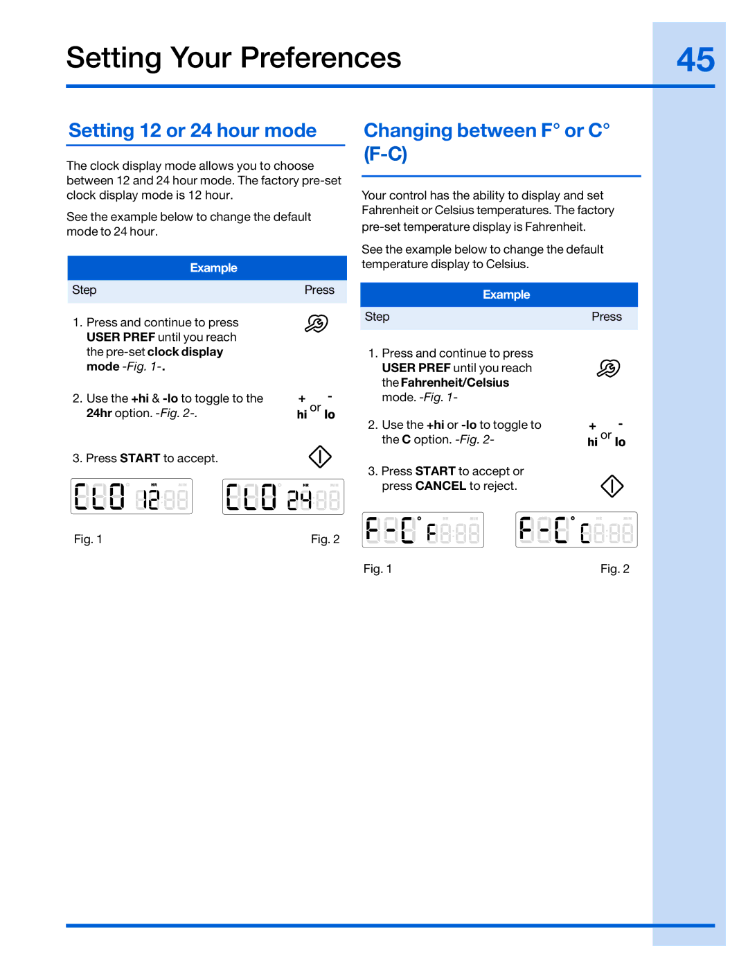 Electrolux 316520002 manual Setting 12 or 24 hour mode, Changing between F or C F-C 