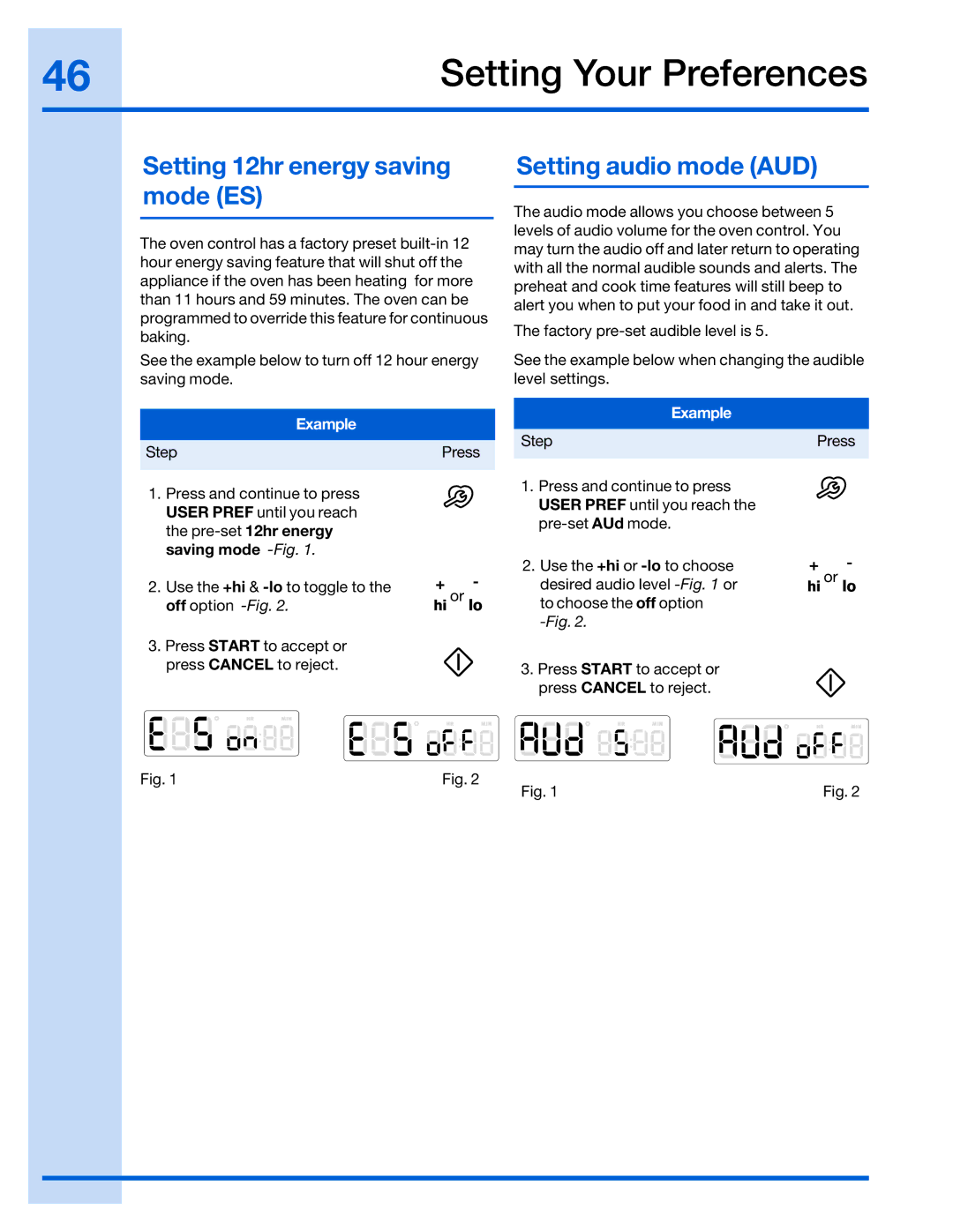 Electrolux 316520002 manual Setting 12hr energy saving mode ES, Setting audio mode AUD, Saving mode -Fig 