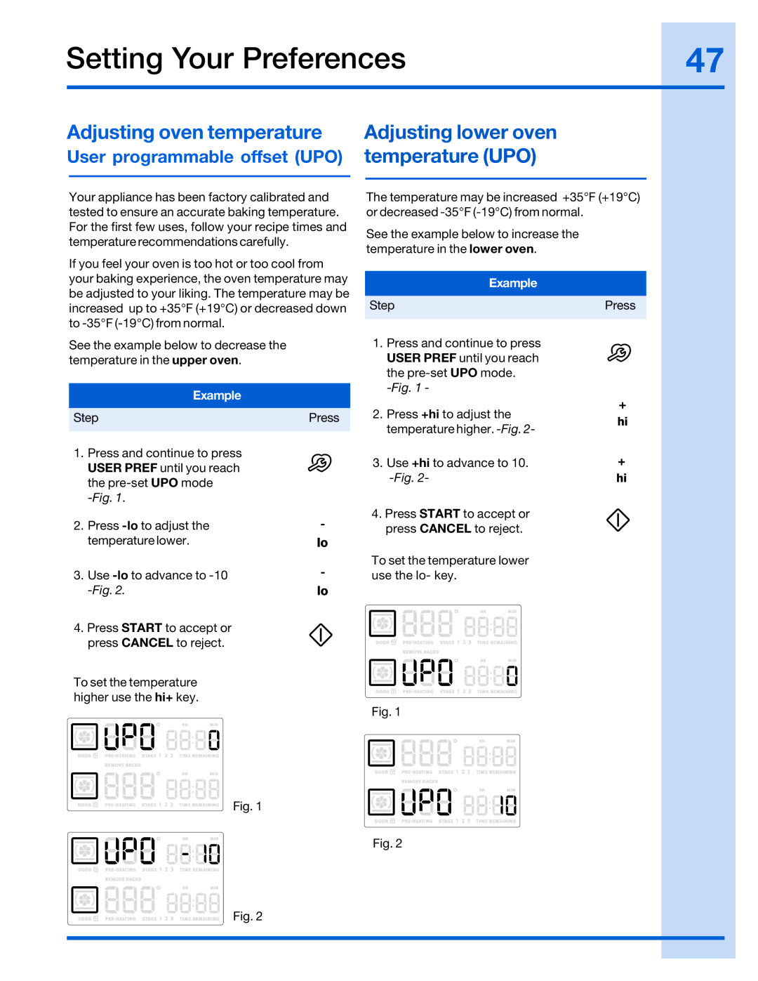 Electrolux 316520002 manual Adjusting oven temperature, Temperature UPO 