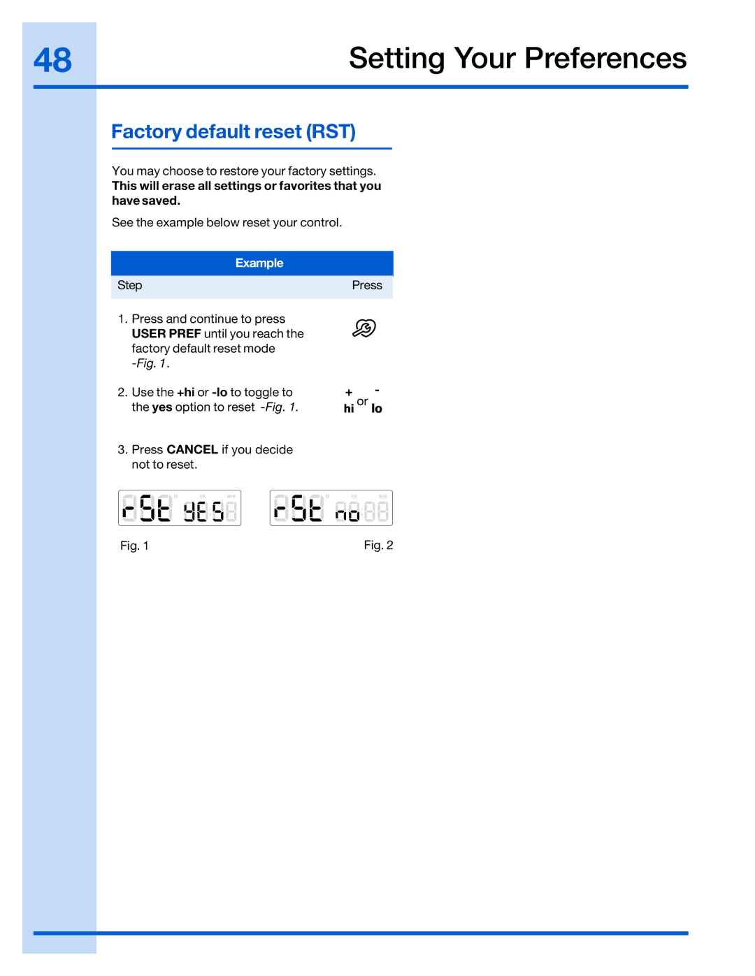 Electrolux 316520002 manual Factory default reset RST 