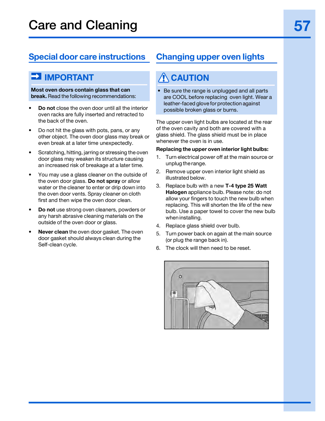 Electrolux 316520002 manual Special door care instructions, Changing upper oven lights 