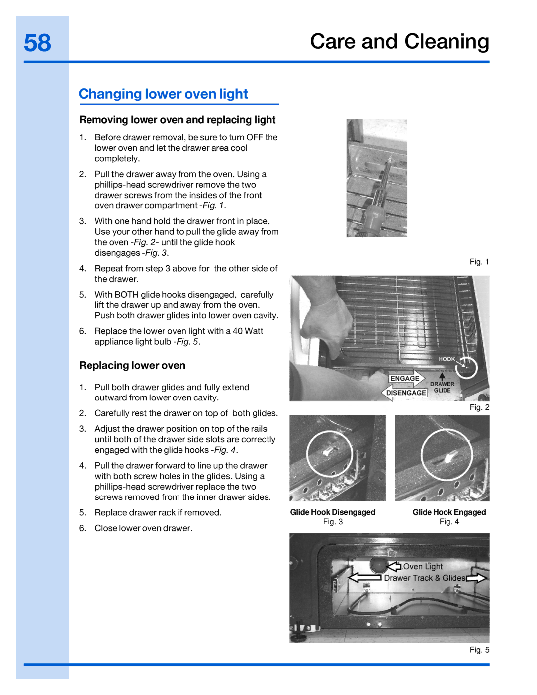 Electrolux 316520002 manual Changing lower oven light, Removing lower oven and replacing light, Replacing lower oven 