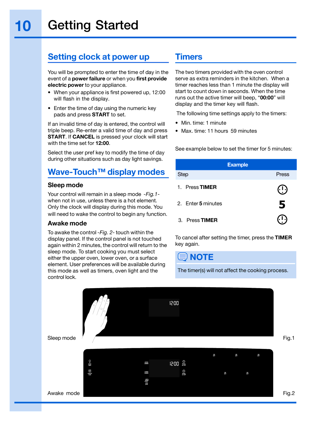 Electrolux 316520101 Getting Started, Setting clock at power up Timers, Wave-Touch display modes, Sleep mode, Awake mode 