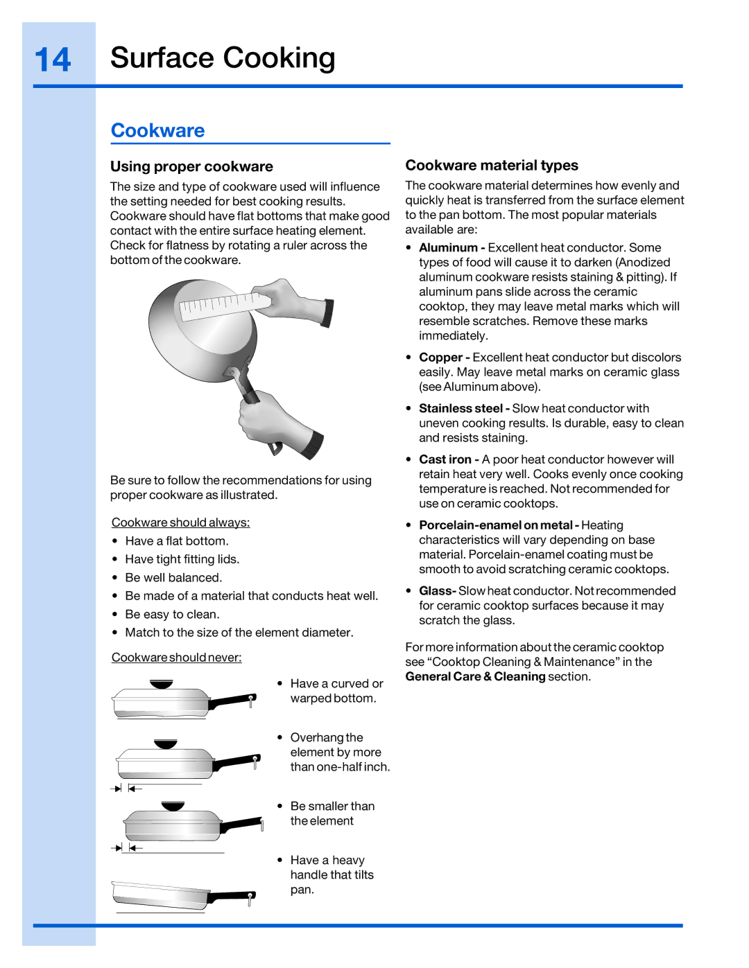 Electrolux 316520101 manual Surface Cooking, Using proper cookware, Cookware material types 