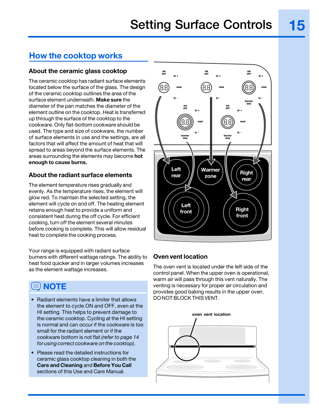 Electrolux 316520101 Setting Surface Controls, How the cooktop works, About the ceramic glass cooktop, Oven vent location 