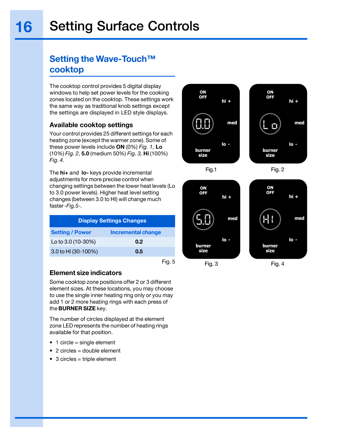 Electrolux 316520101 manual Available cooktop settings, Element size indicators, Display Settings Changes 