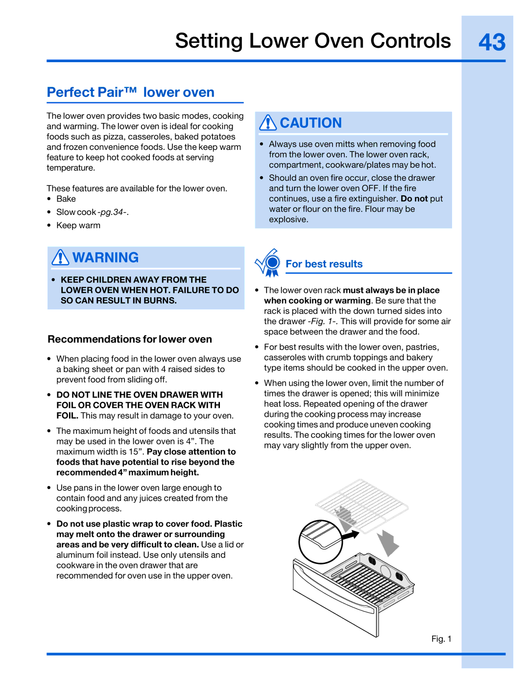 Electrolux 316520101 manual Setting Lower Oven Controls, Recommendations for lower oven 