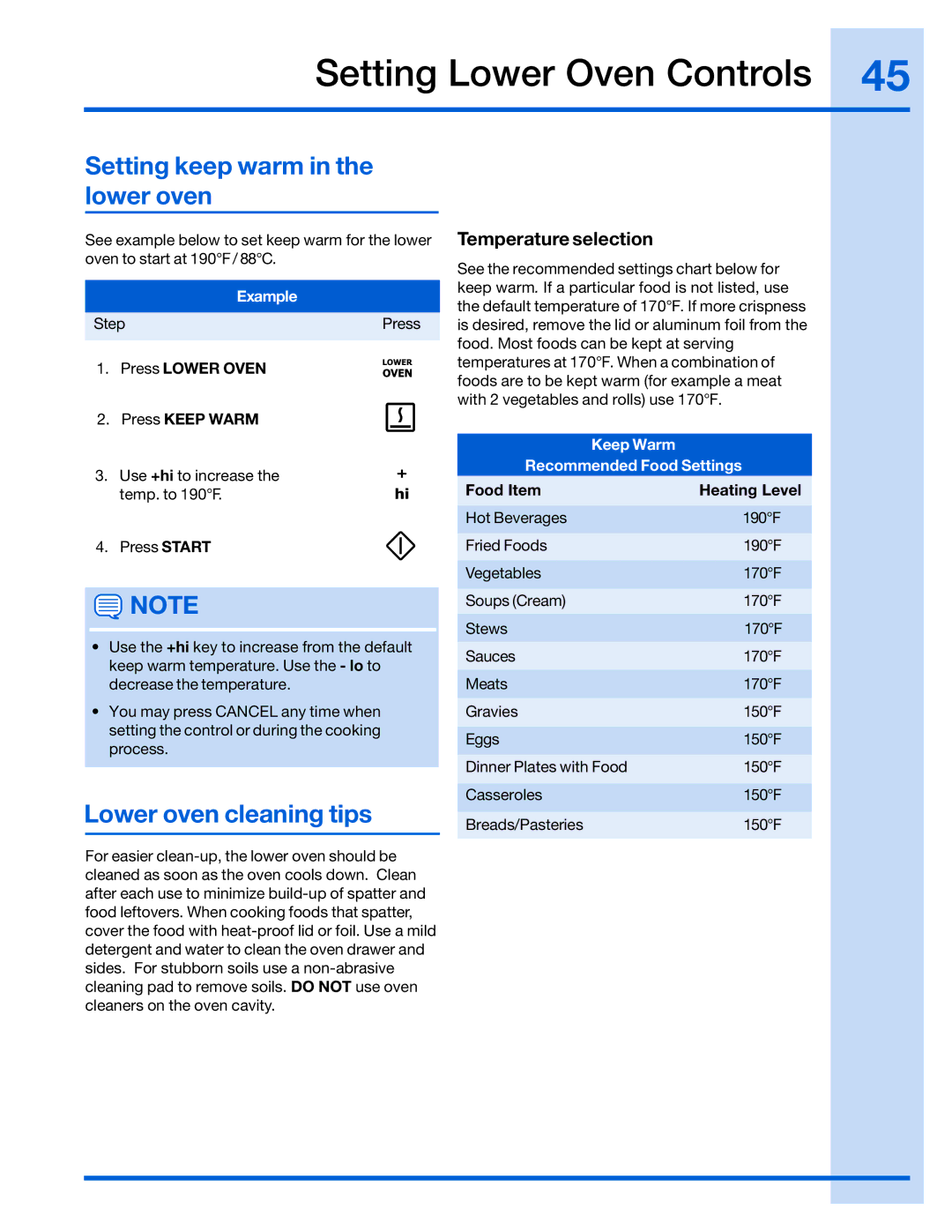 Electrolux 316520101 manual Setting keep warm in the lower oven, Lower oven cleaning tips, Temperature selection 