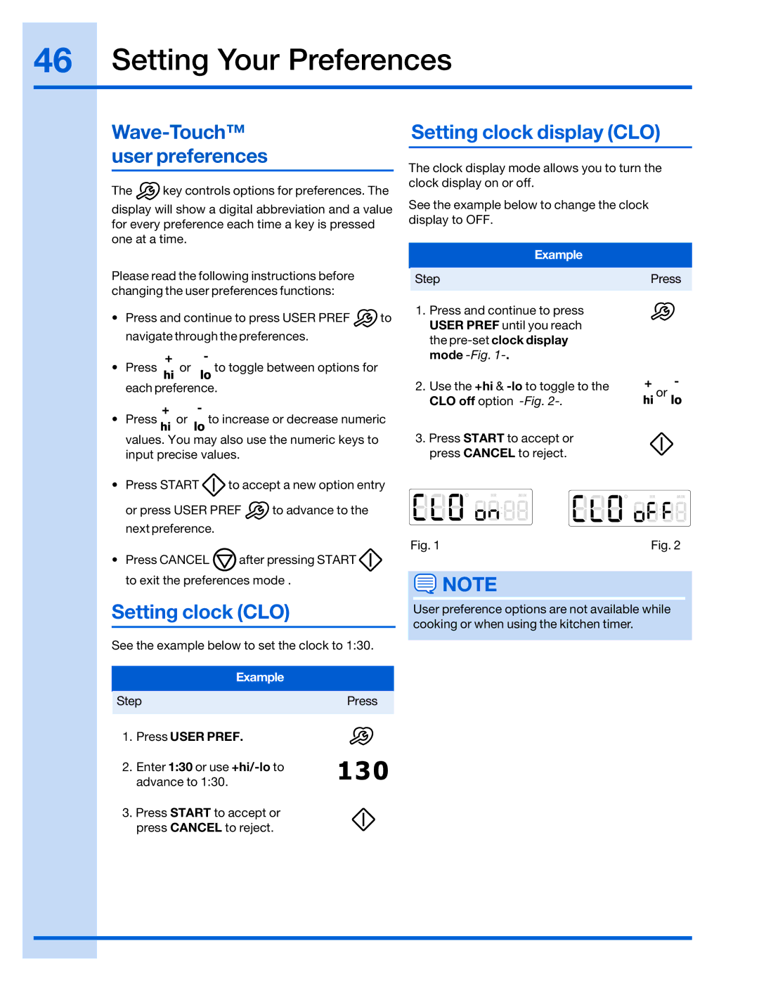 Electrolux 316520101 manual Setting Your Preferences, Setting clock CLO, Setting clock display CLO, Press User Pref 