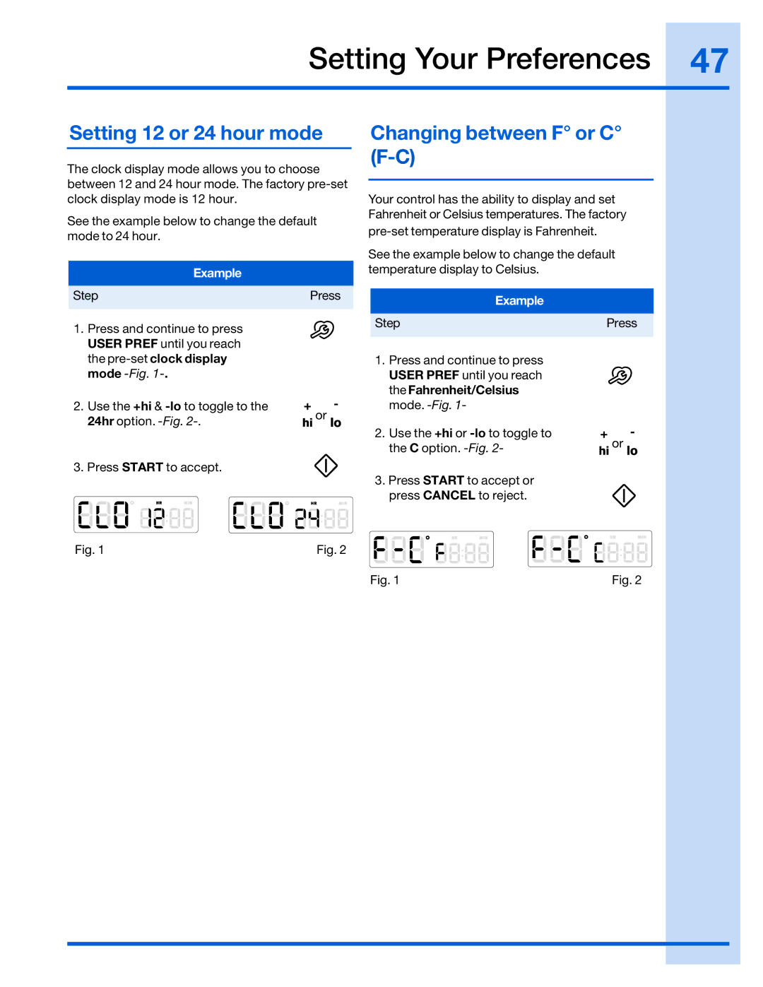 Electrolux 316520101 manual Setting 12 or 24 hour mode, Changing between F or C F-C 