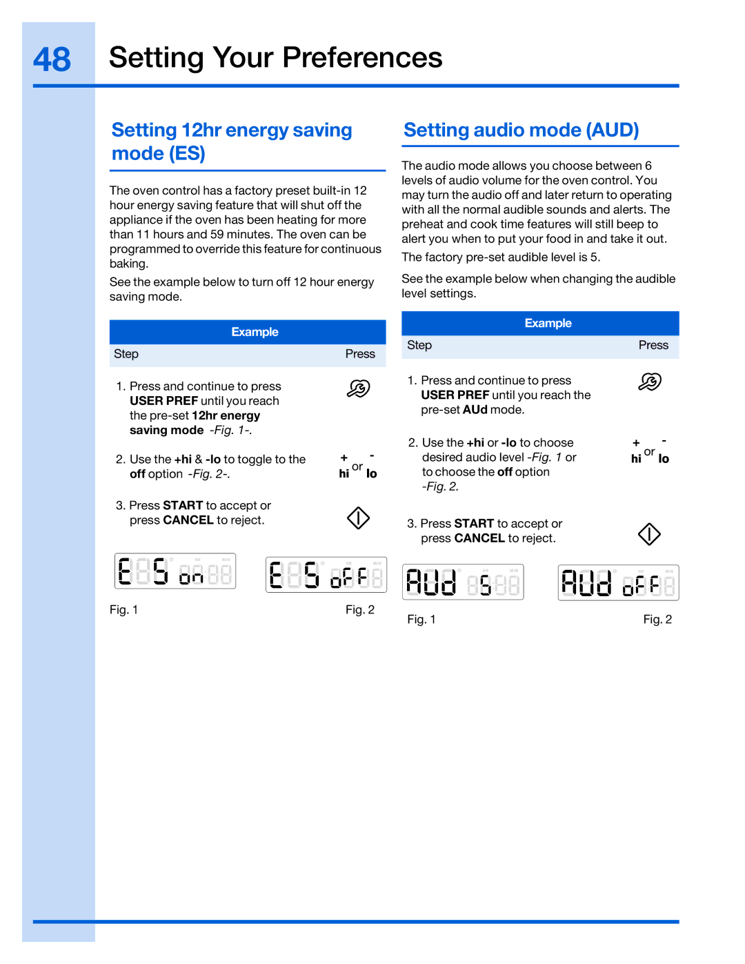 Electrolux 316520101 manual Setting 12hr energy saving mode ES, Setting audio mode AUD, Saving mode 