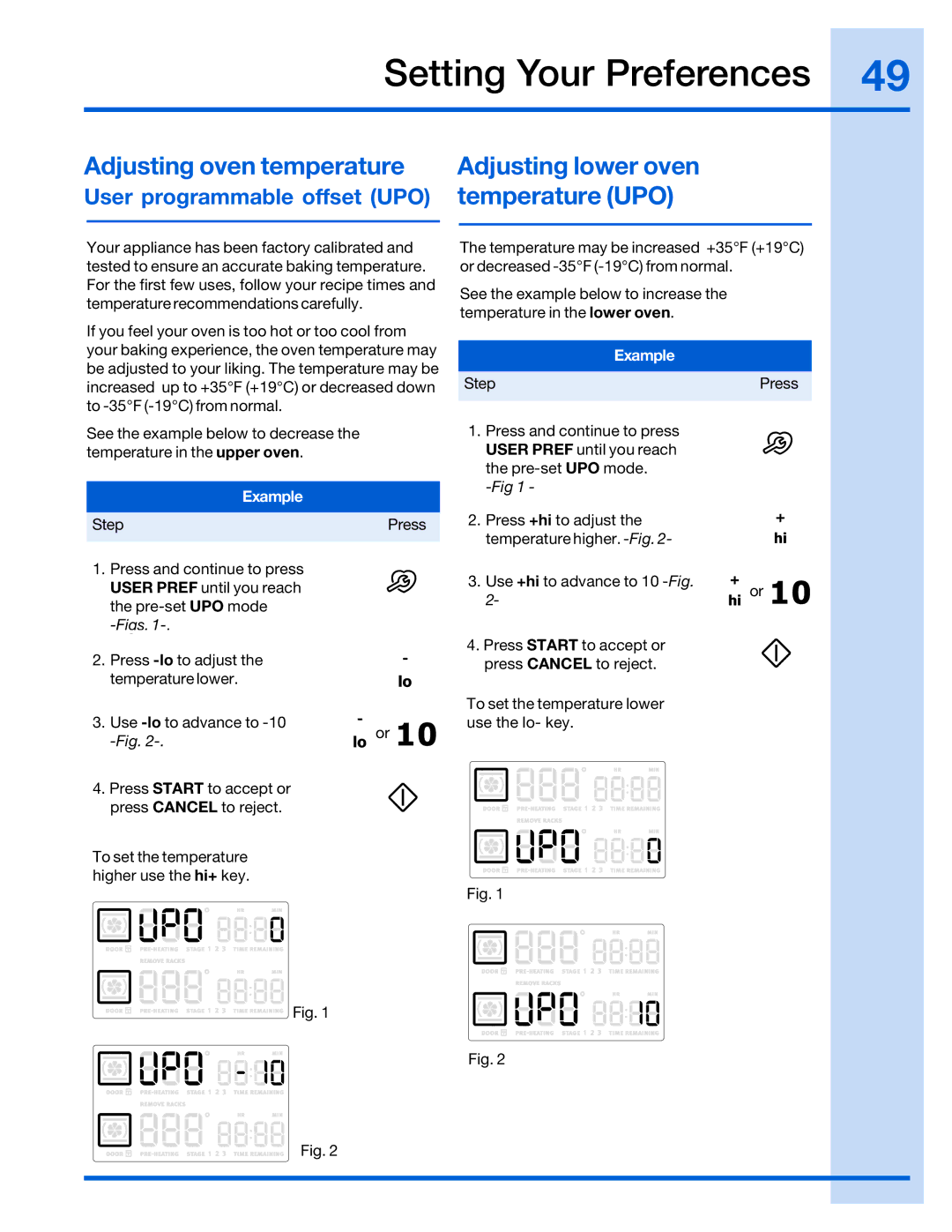 Electrolux 316520101 manual Adjusting oven temperature Adjusting lower oven, Temperature UPO 