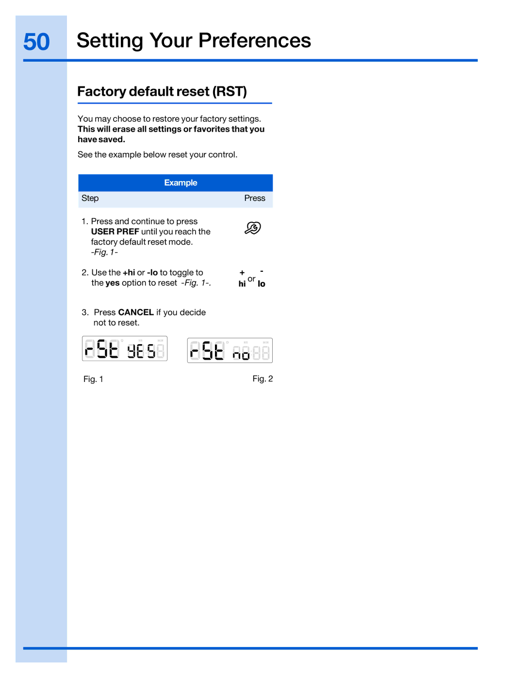 Electrolux 316520101 manual Factory default reset RST 