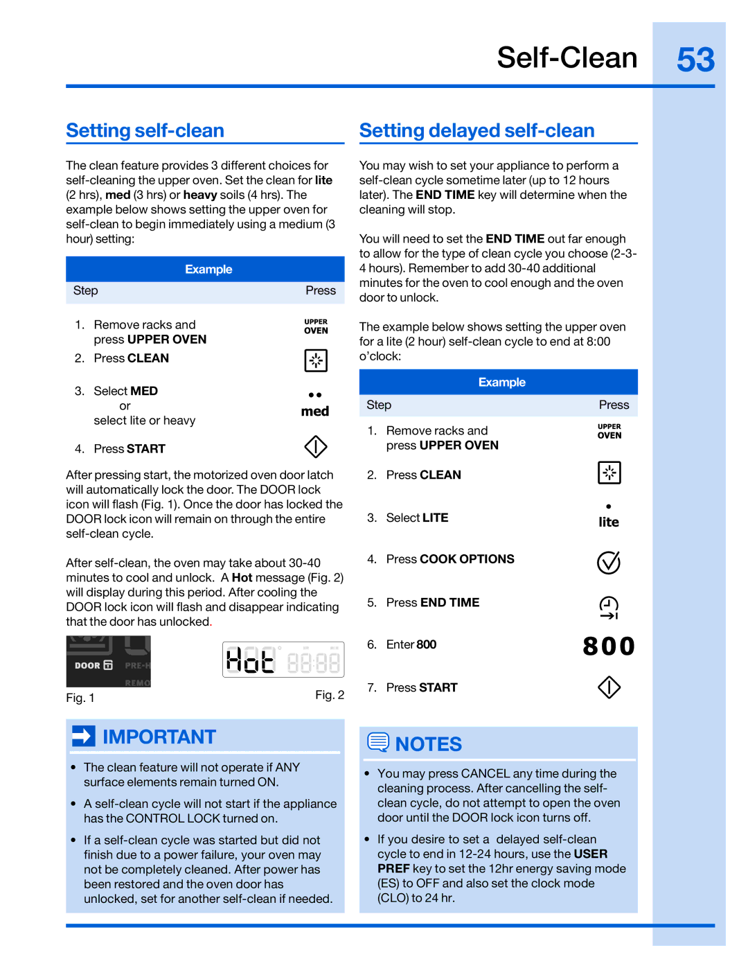 Electrolux 316520101 manual Setting self-clean Setting delayed self-clean, Example 