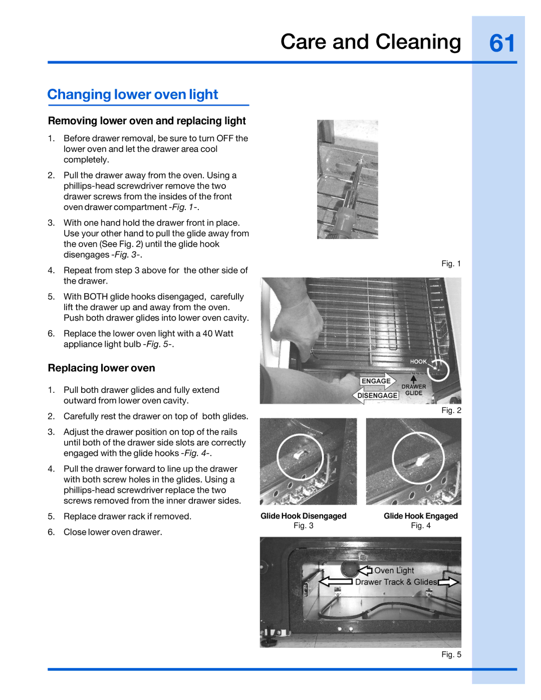 Electrolux 316520101 manual Changing lower oven light, Removing lower oven and replacing light, Replacing lower oven 