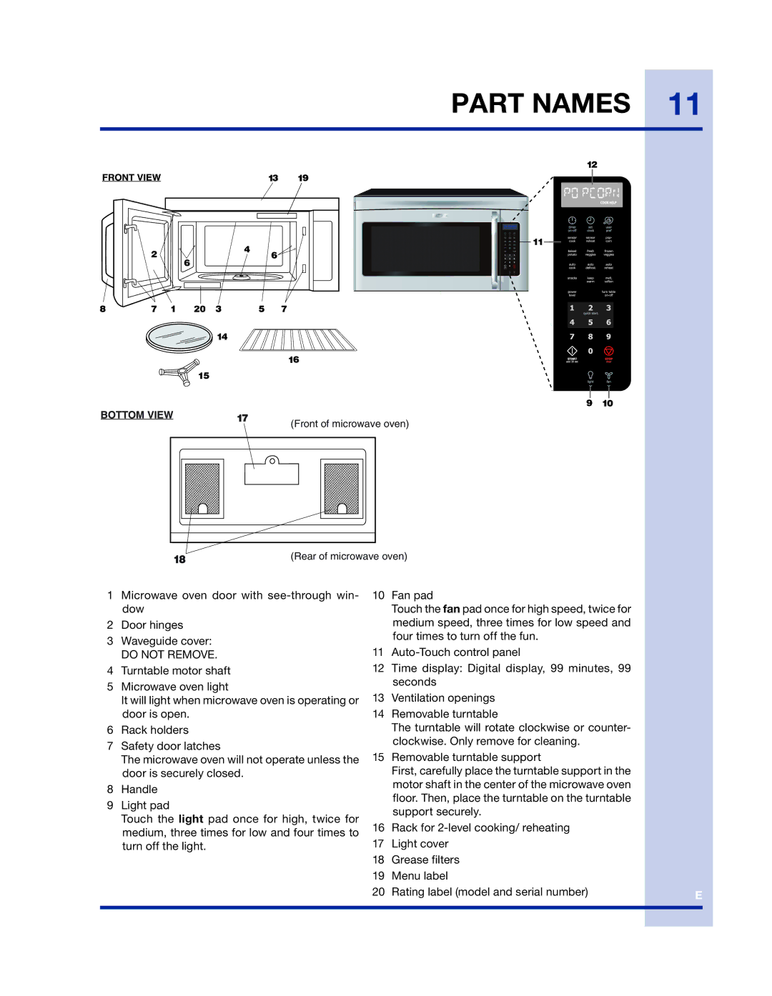 Electrolux 316902458 manual Part Names, Do not Remove 