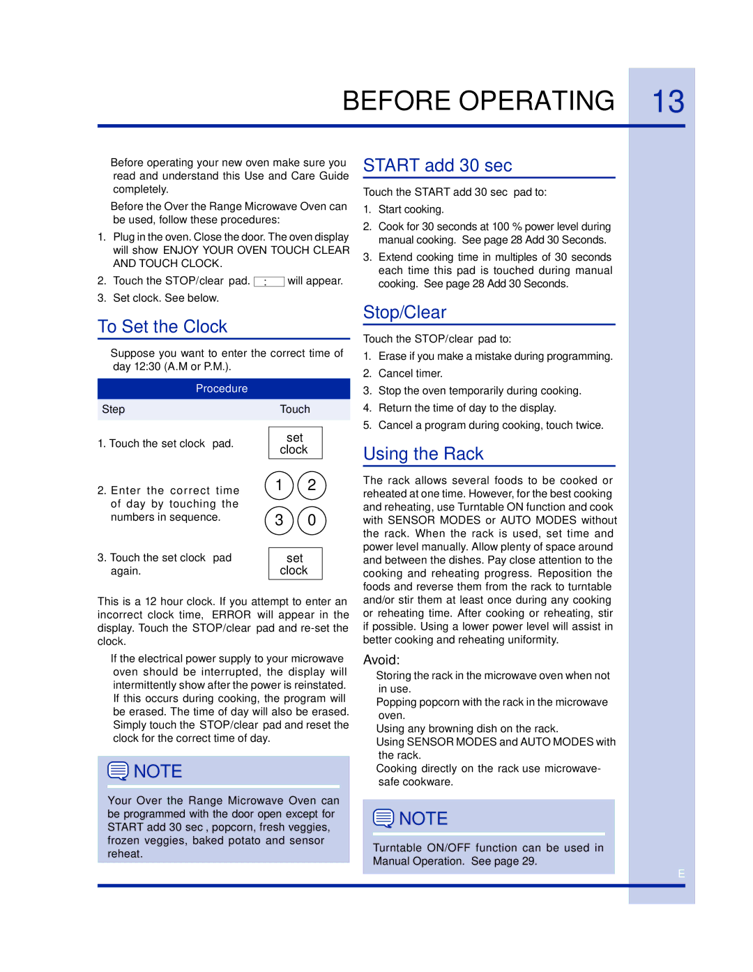 Electrolux 316902458 manual Before Operating, To Set the Clock, Start add 30 sec, Stop/Clear, Using the Rack 