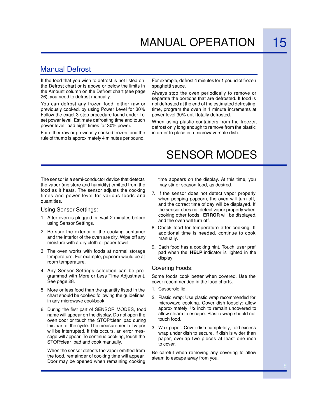 Electrolux 316902458 manual Sensor Modes, Manual Defrost, Using Sensor Settings, Covering Foods 