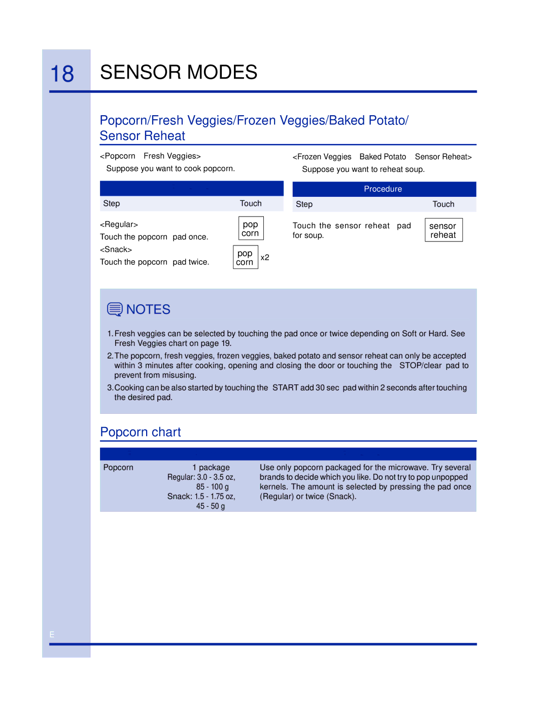 Electrolux 316902458 manual Popcorn chart, Reheat 