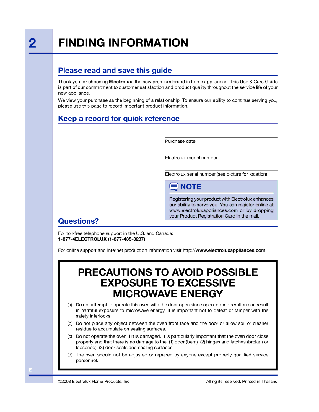 Electrolux 316902458 Finding Information, Please read and save this guide, Keep a record for quick reference, Questions? 