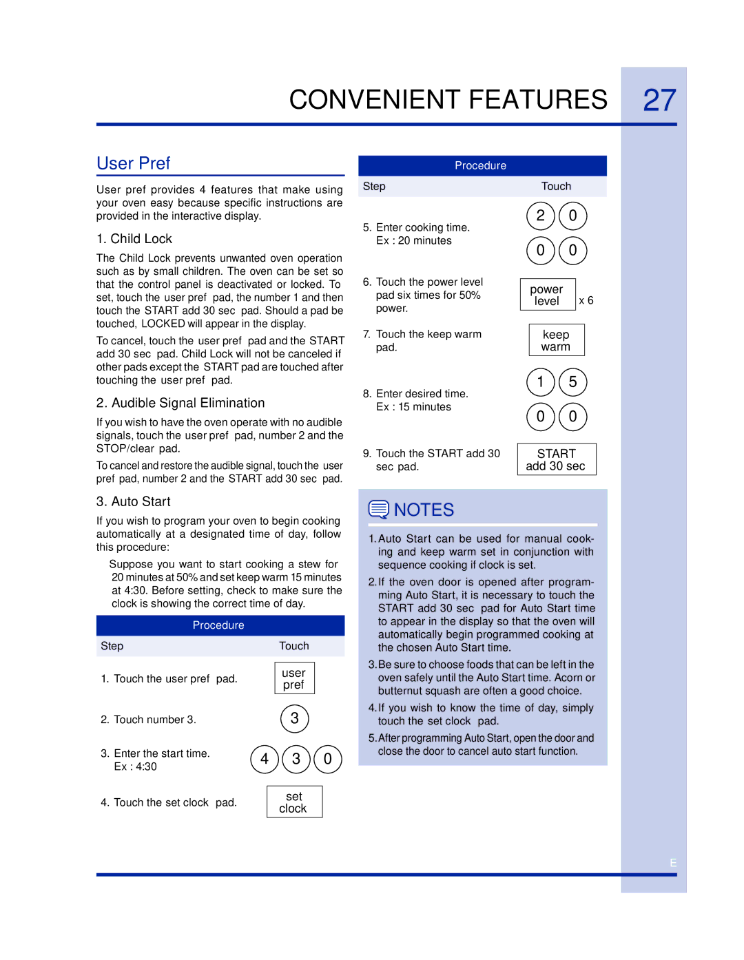 Electrolux 316902458 manual Convenient Features, User Pref, Child Lock, Audible Signal Elimination, Auto Start 