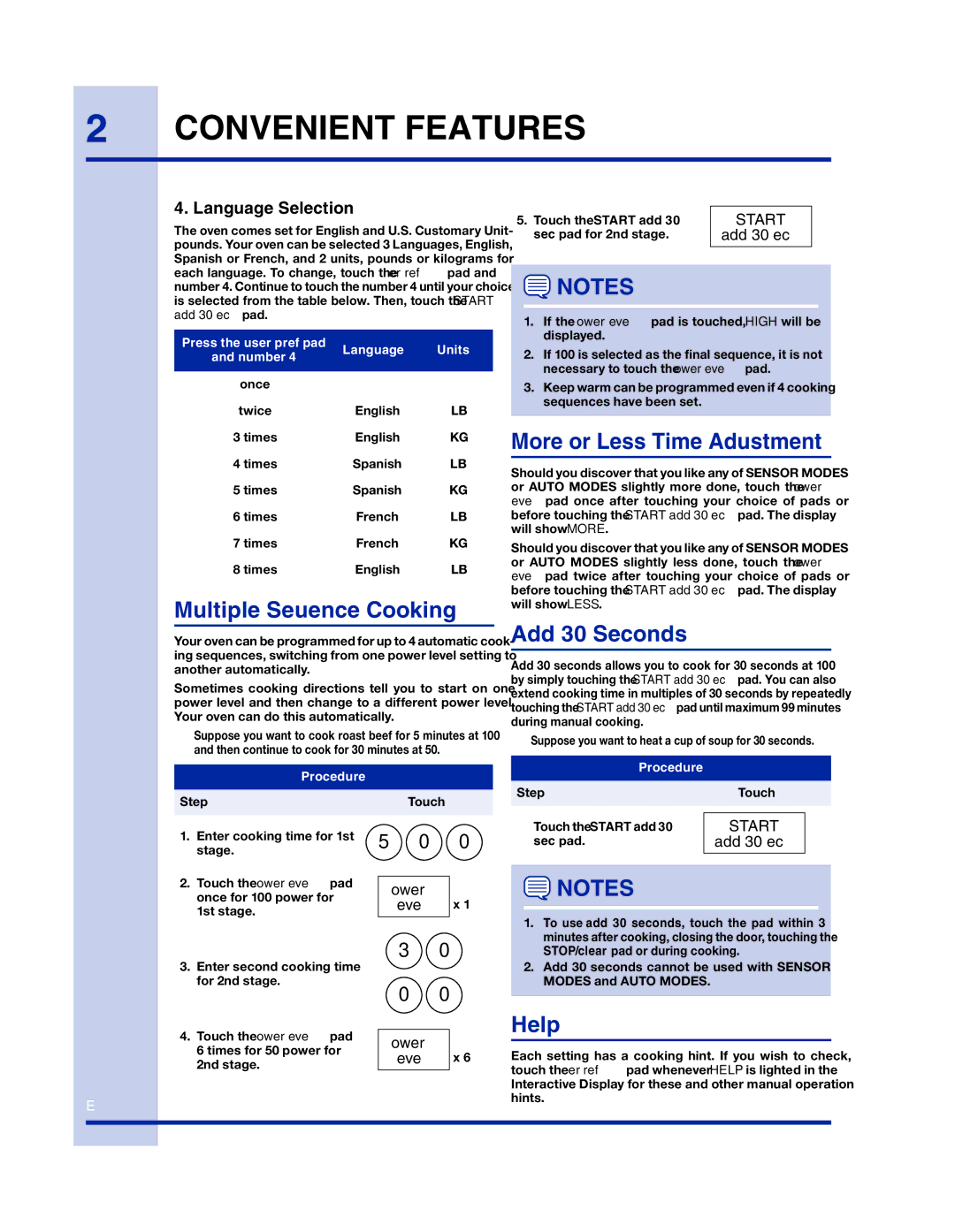 Electrolux 316902458 Multiple Sequence Cooking, More or Less Time Adjustment, Add 30 Seconds, Help, Language Selection 