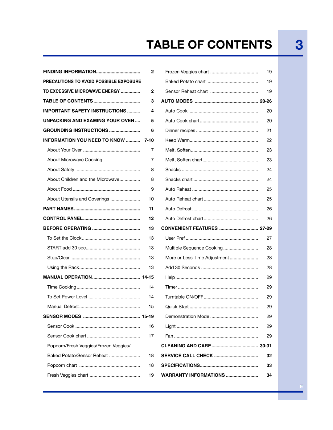 Electrolux 316902458 manual Table of Contents 