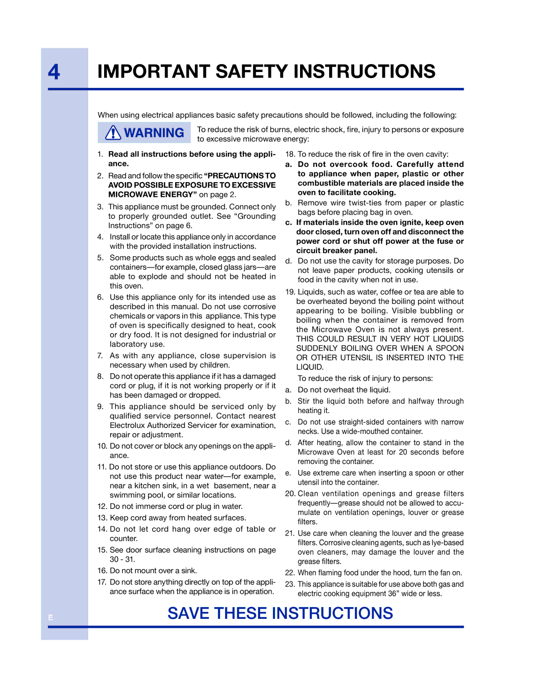 Electrolux 316902458 manual Important Safety Instructions, Avoid Possible Exposure to Excessive Microwave Energy on 