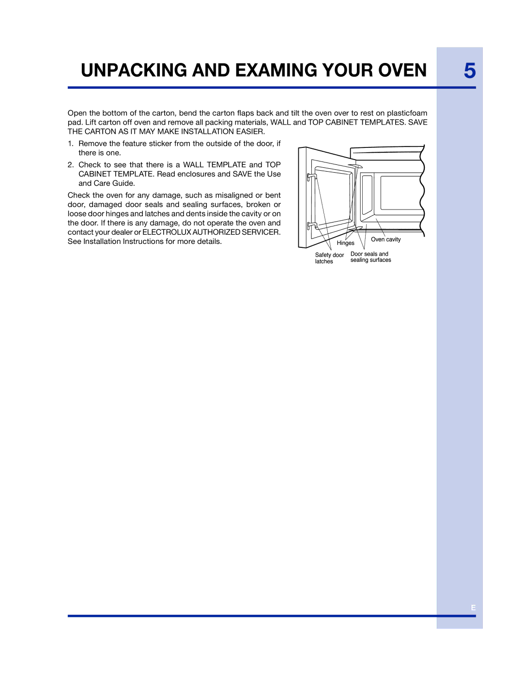 Electrolux 316902458 manual Unpacking and Examing Your Oven 