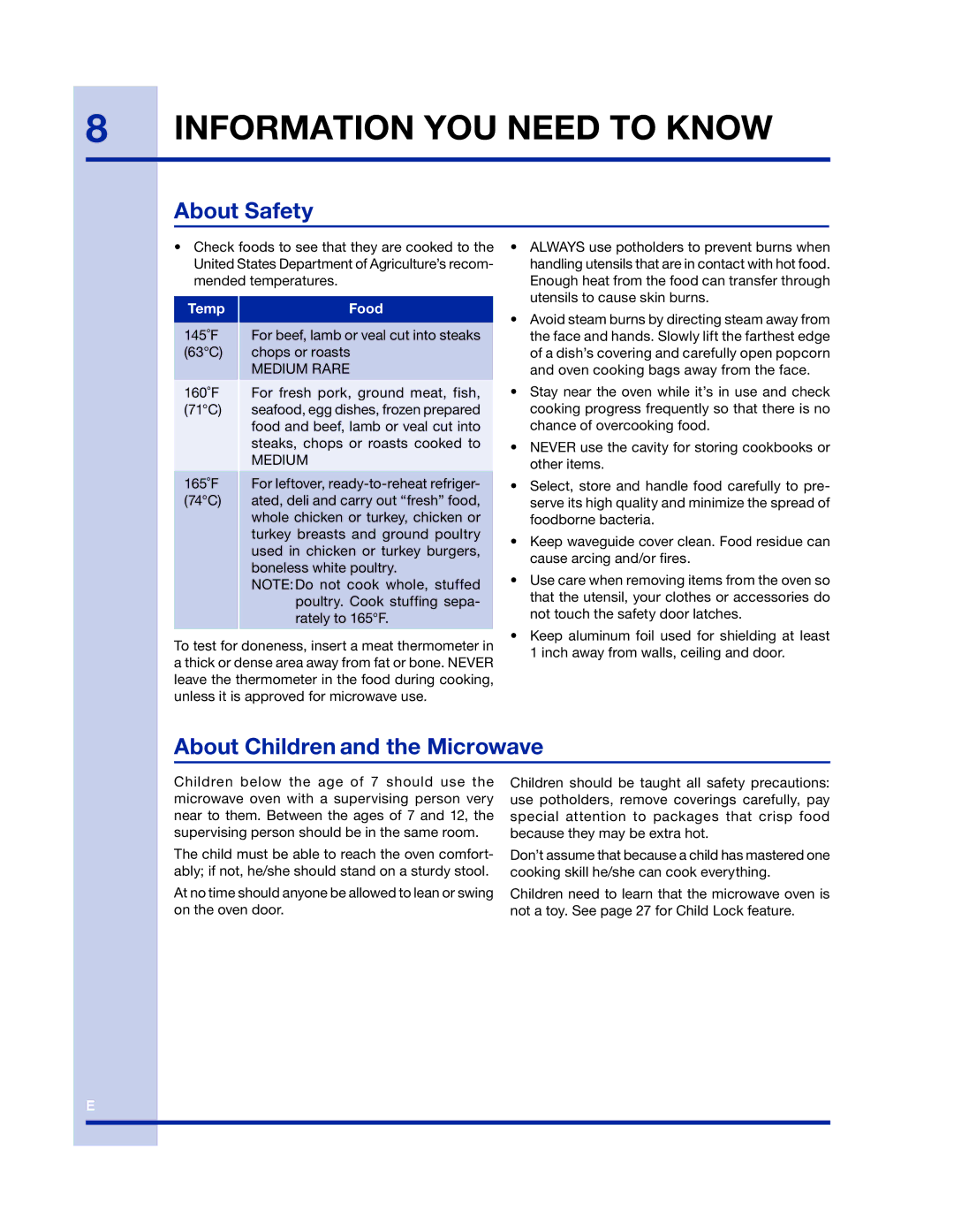 Electrolux 316902458 manual About Safety, About Children and the Microwave, Medium Rare 