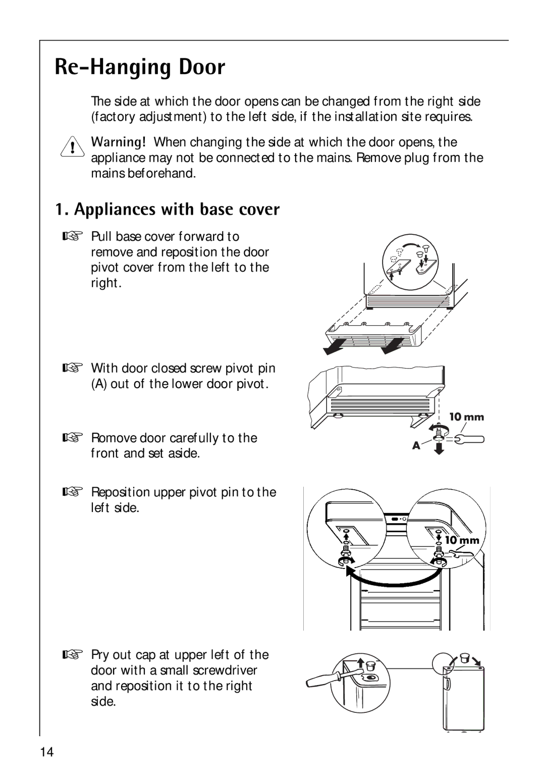 Electrolux 3173-4GS operating instructions Re-Hanging Door, Appliances with base cover 