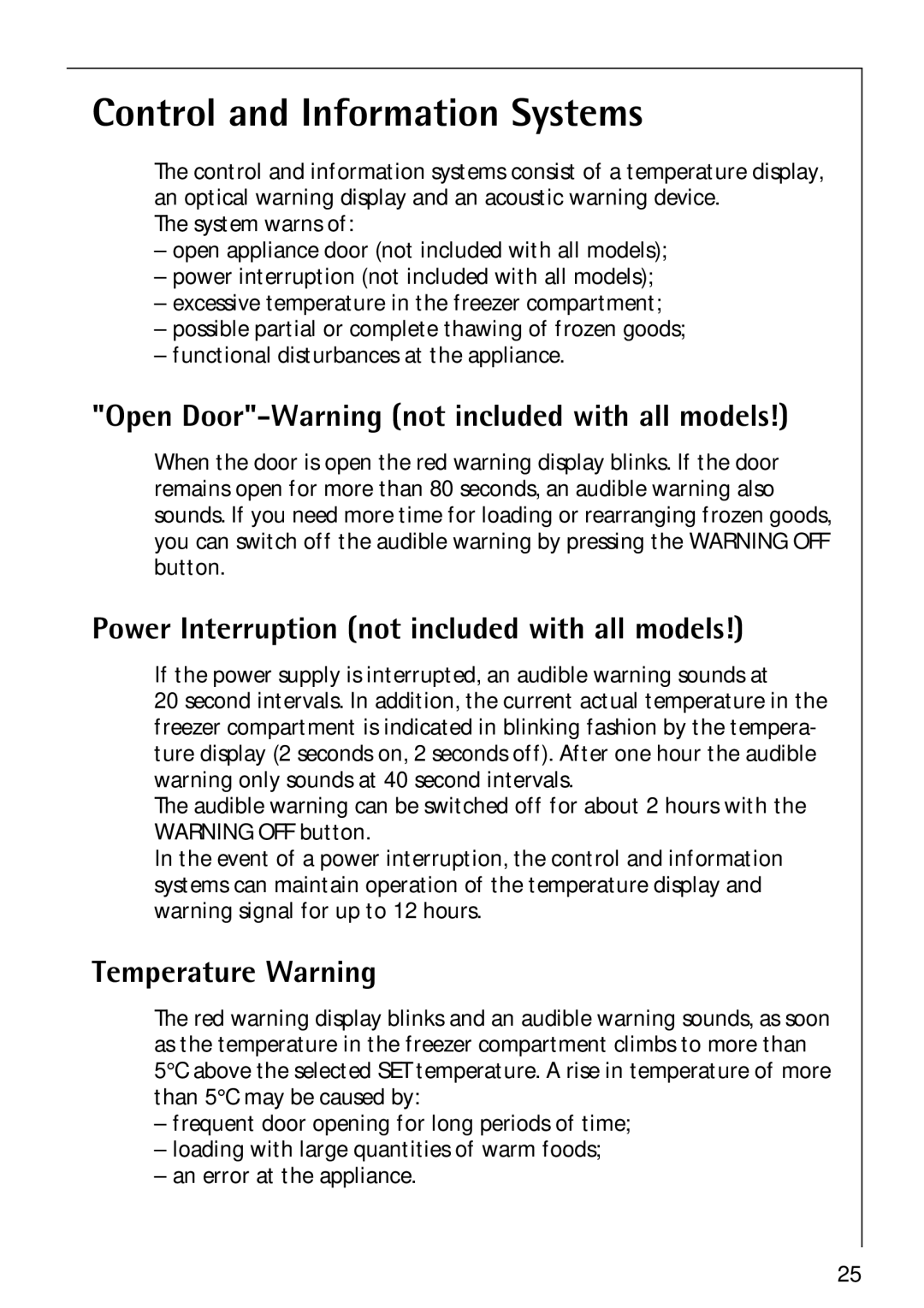 Electrolux 3173-4GS Control and Information Systems, Open Door-Warning not included with all models, Temperature Warning 