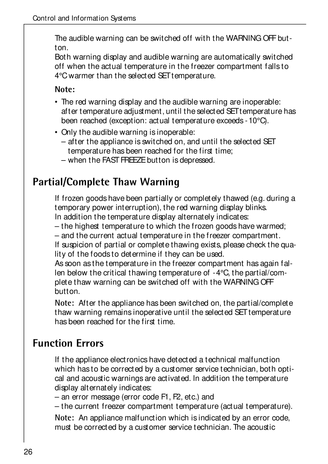 Electrolux 3173-4GS operating instructions Partial/Complete Thaw Warning, Function Errors 