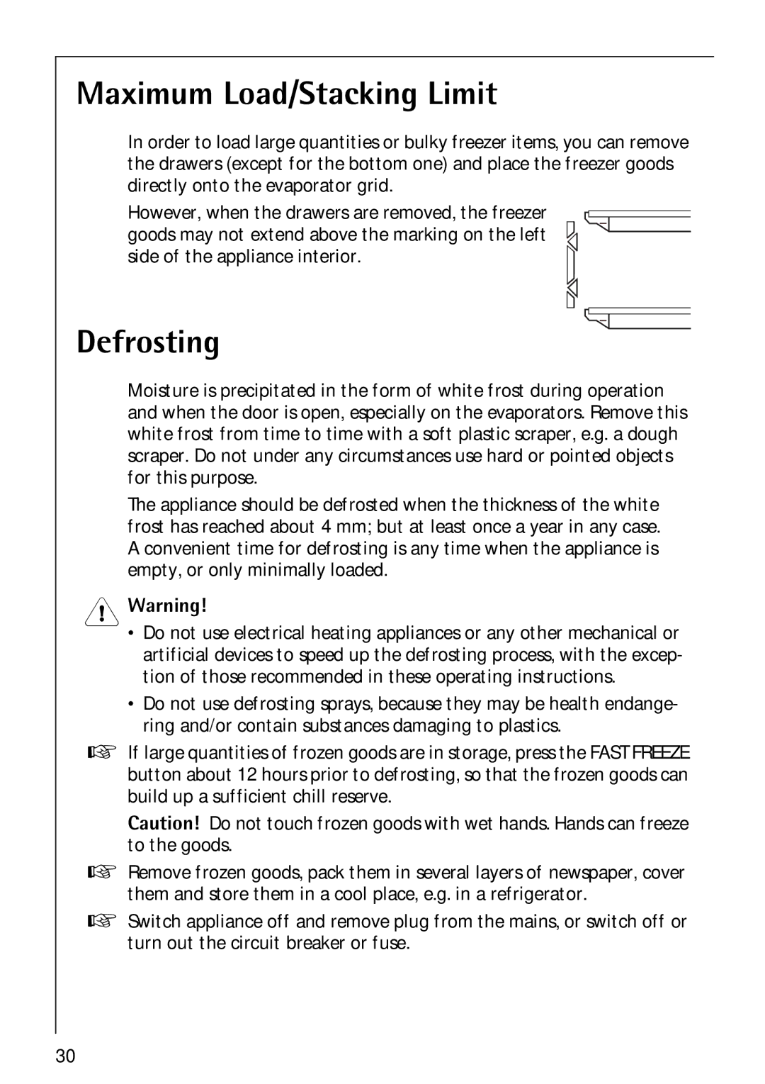 Electrolux 3173-4GS operating instructions Maximum Load/Stacking Limit, Defrosting 