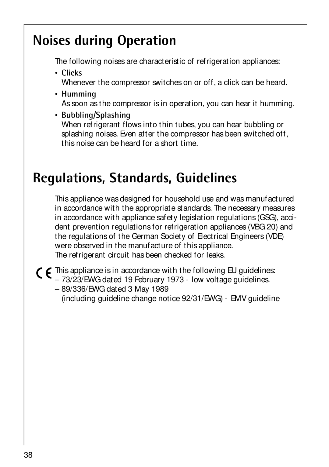 Electrolux 3173-4GS Noises during Operation, Regulations, Standards, Guidelines, Clicks, Humming, Bubbling/Splashing 