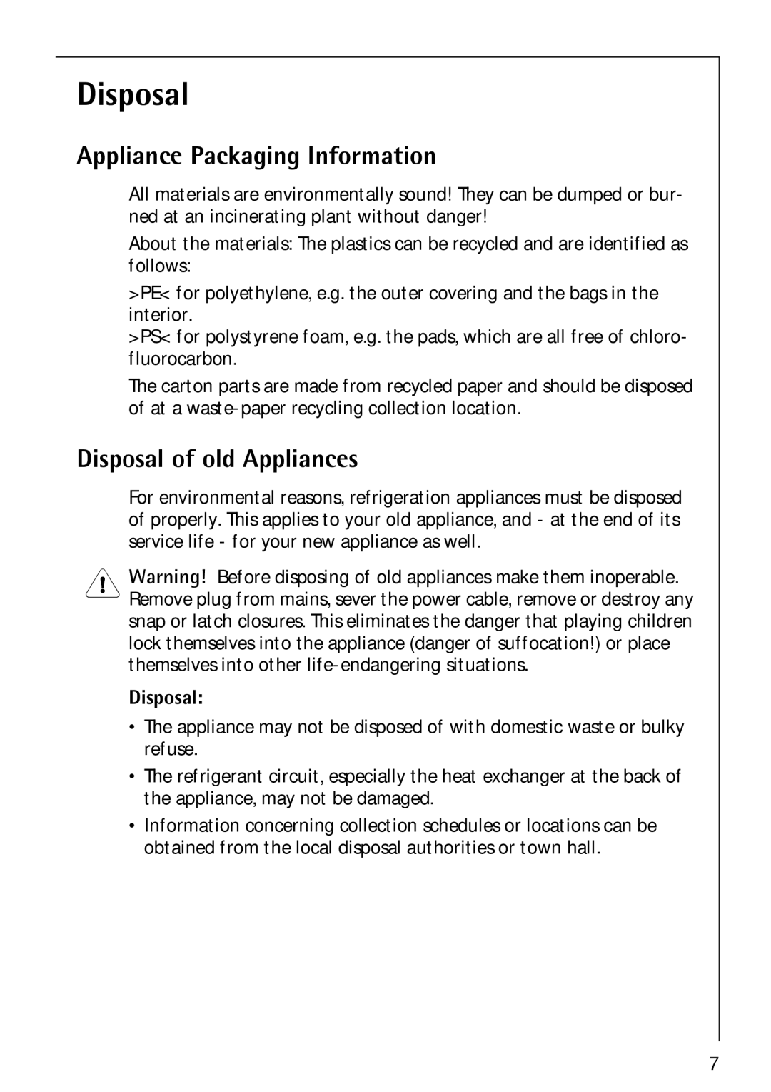 Electrolux 3173-4GS operating instructions Appliance Packaging Information, Disposal of old Appliances 