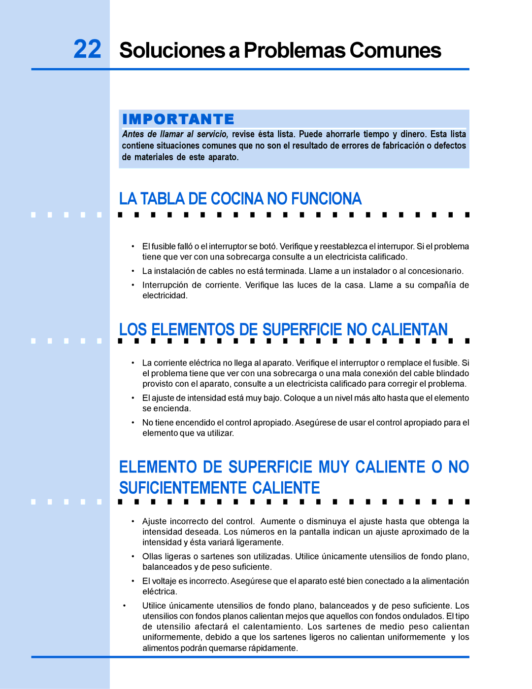 Electrolux 318 200 635 manual Soluciones a Problemas Comunes, LA Tabla DE Cocina no Funciona, Importante 