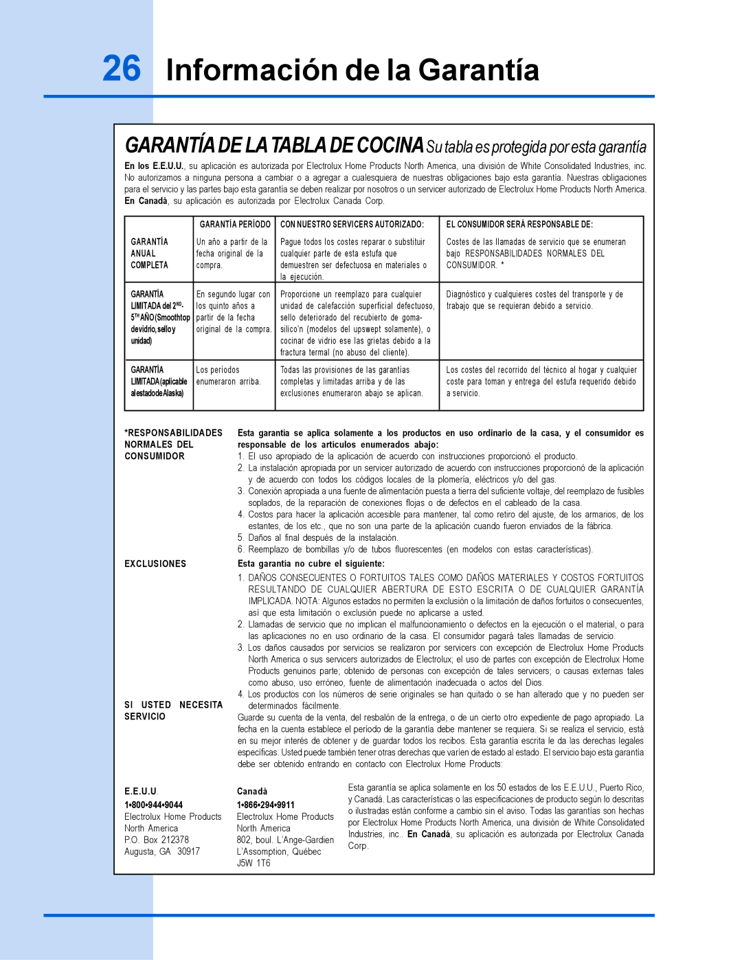 Electrolux 318 200 635 manual Información de la Garantía 