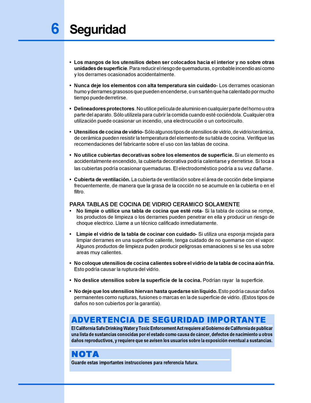 Electrolux 318 200 635 manual Advertencia DE Seguridad Importante, Para Tablas DE Cocina DE Vidrio Ceramico Solamente 