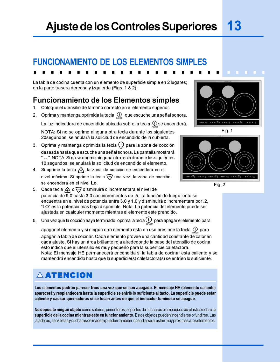 Electrolux 318 200 635 manual Funcionamiento De Los Elementos Simples, Ajuste de los Controles Superiores, Atencion 