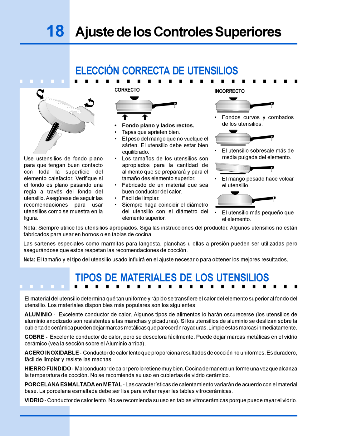 Electrolux 318 200 635 manual Ajuste de los Controles Superiores, Elección Correcta De Utensilios 