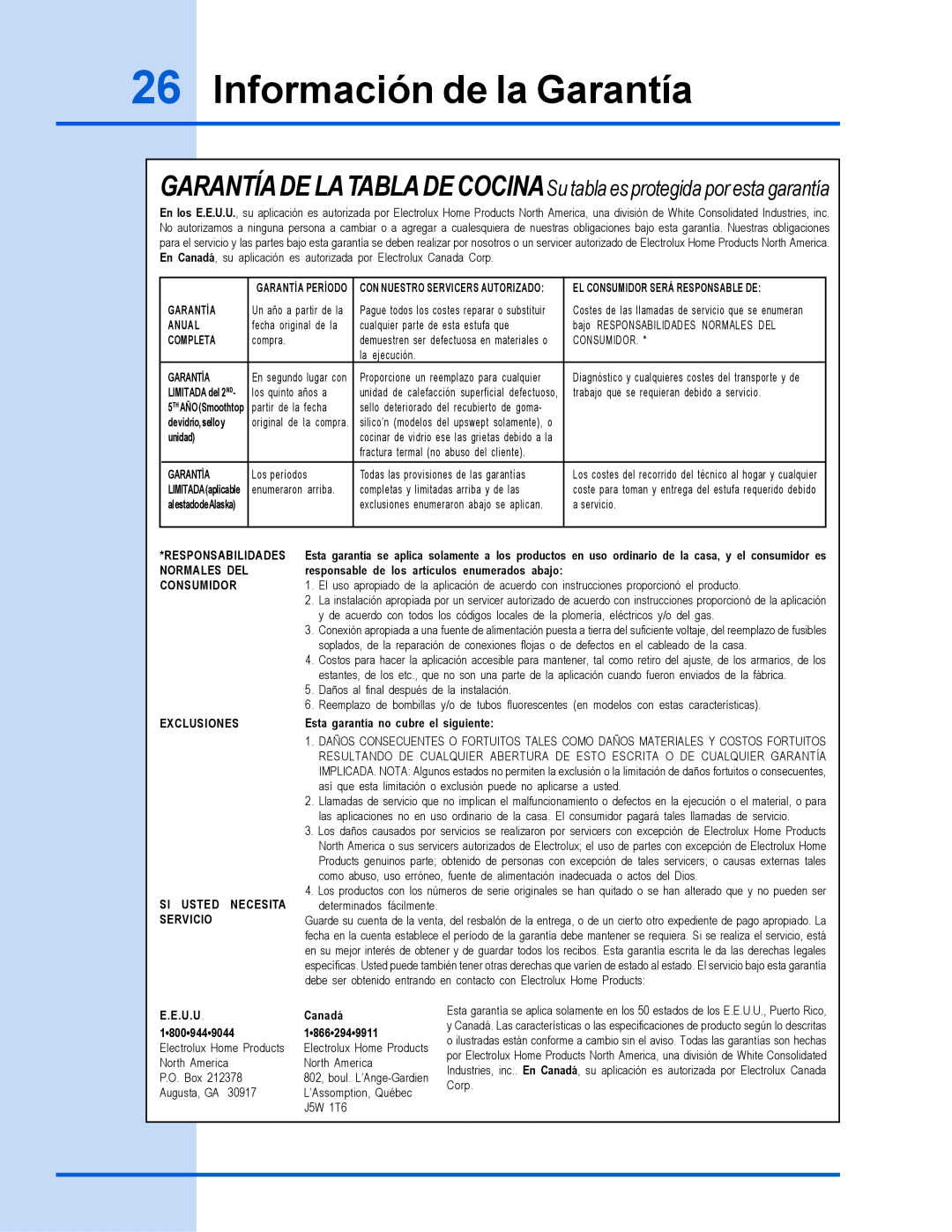 Electrolux 318 200 635 Información de la Garantía, GARANTÍA DE LATABLA DE COCINASu tabla es protegida por esta garantía 