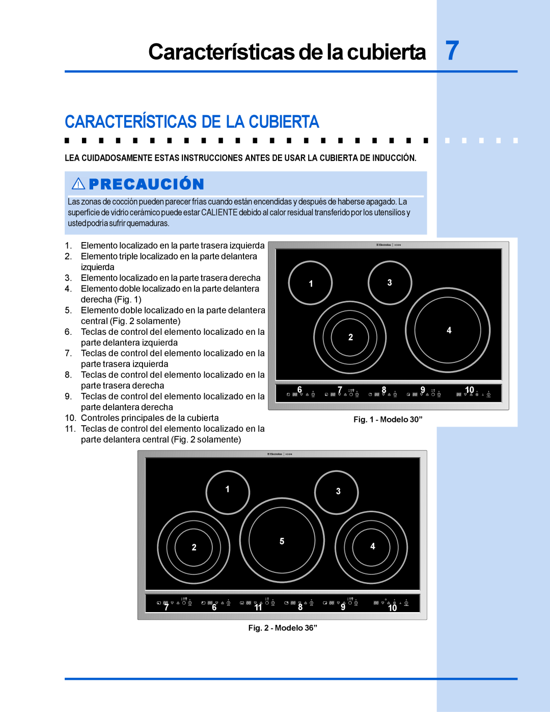 Electrolux 318 200 635 manual Características de la cubierta, Características De La Cubierta, Precaución 