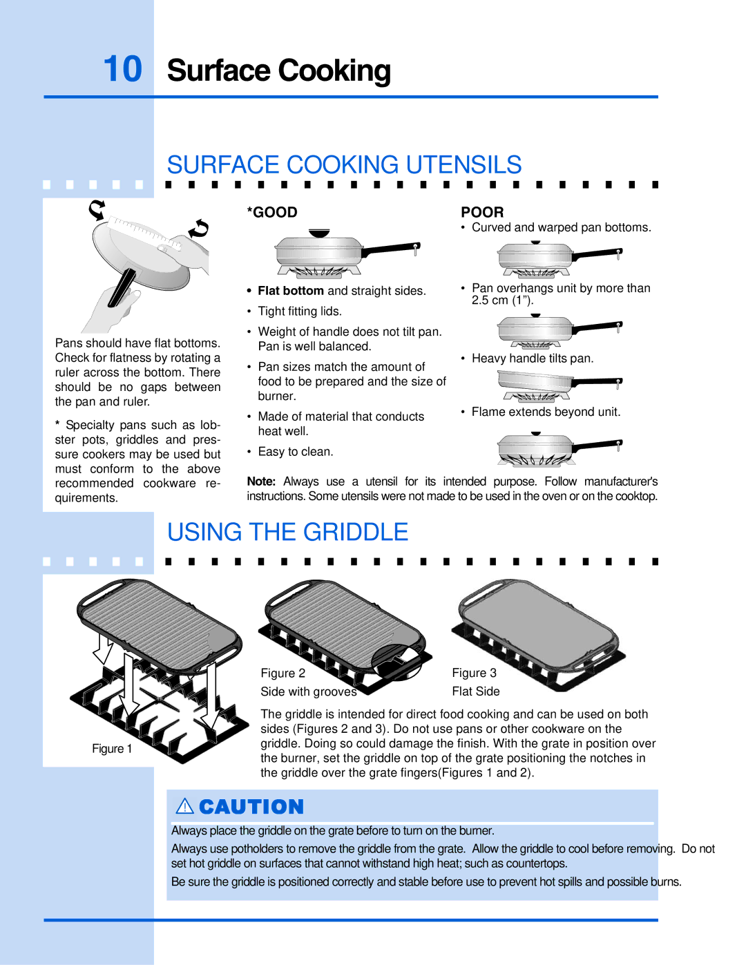 Electrolux 318 200 687 manual Surface Cooking Utensils, Using the Griddle 