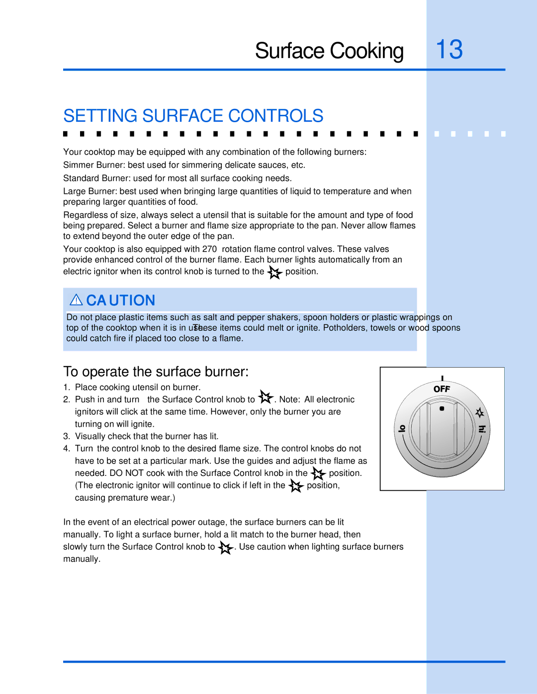 Electrolux 318 200 687 manual Setting Surface Controls, To operate the surface burner 