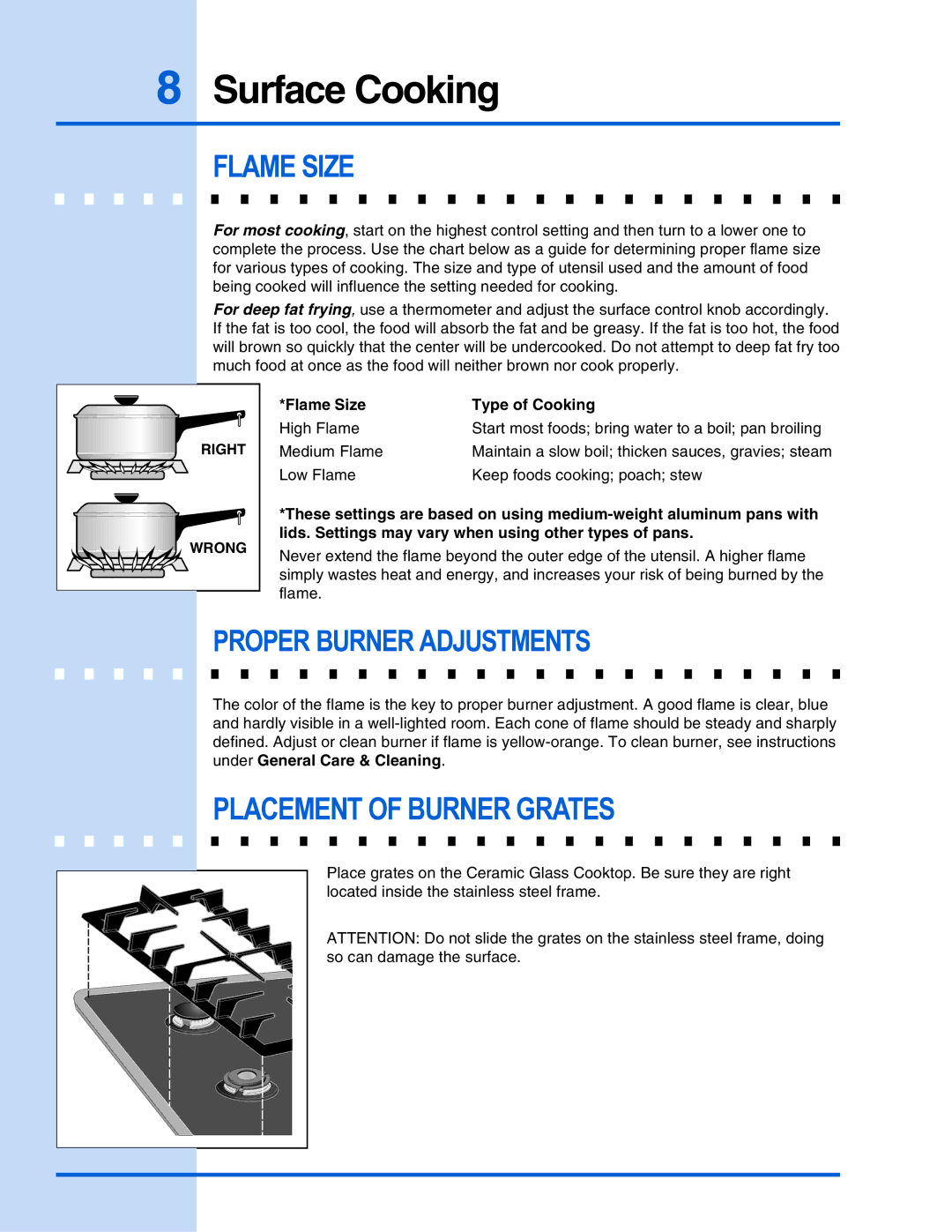 Electrolux 318 200 687 manual Surface Cooking, Flame Size, Placement of Burner Grates 